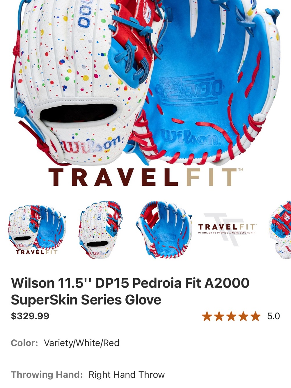 Wilson A2000 Pedroia Fit Glove in White with Blue & Red Accents